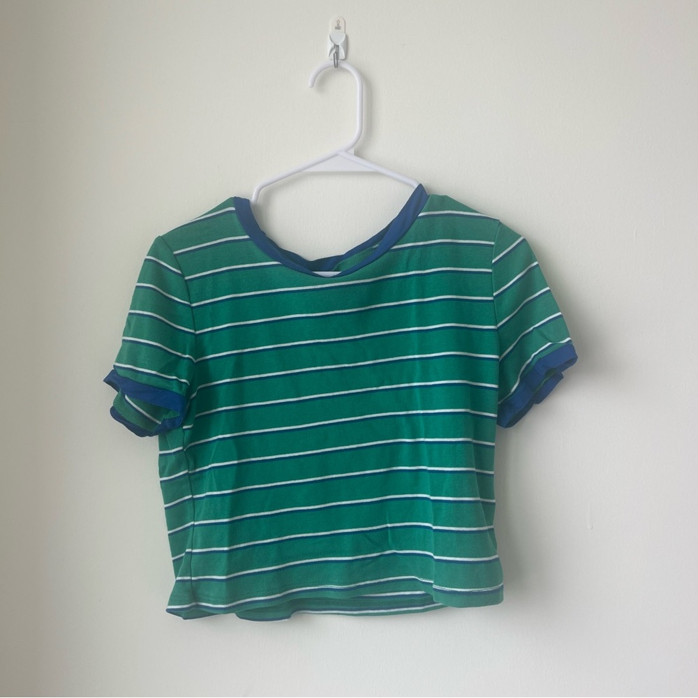 Lulus Green, Blue and White Striped Basic Cropped Tee